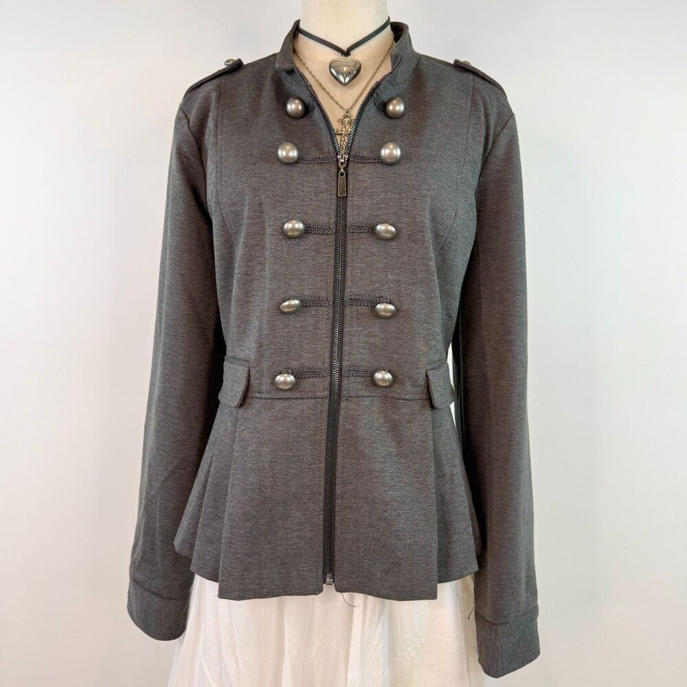 Gray Military Style Zip Up Jacket w/ Silver Buttons Pleated Hem Size XL Whimsy